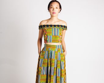 African Print Maxi Skirt Green Mustard Teal