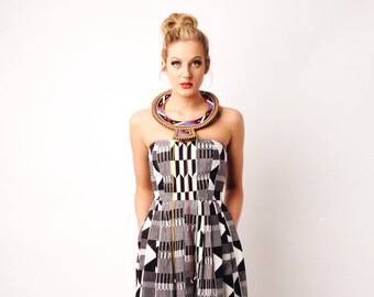 Black and White Kente African Print Strapless Maxi Dress