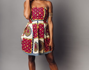 Burgundy, Blue & Yellow African Print Mini Dress