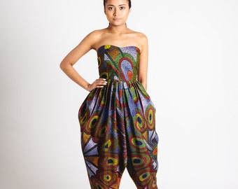 African Print Strapless Bianca Jumpsuit Brown Peacock