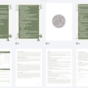 Könnte beinhalten: Ein Dog Walking Starter Kit-Leitfaden von Wiggy & Wil, mit cremefarbenem Hintergrund und grünen Akzenten. Das Cover zeigt den Titel, Pfotenabdrücke und eine Hundeillustration. Das Kit enthält mehrere Seiten mit Informationen und Formularen.