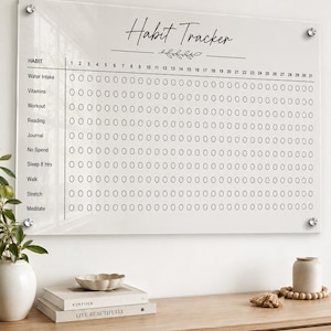 May include: A clear acrylic habit tracker board featuring black printed text and a grid of circles for thirty-one days. The board includes labels for habits like water intake, vitamins, workout, reading, journal, no spend, sleep, walk, stretch, and meditate.