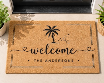 Custom Welcome Doormat Personalized Family Name Coconut Palm Beach Entry Rug Outdoor Indoor Front Door Mat Gift