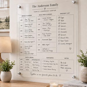 May include: A clear acrylic wall-mounted family command center board with black printed text. It features sections for a weekly planner, meal prep, grocery list, family board, reminders, and notes, secured to the wall with four silver metal standoffs.