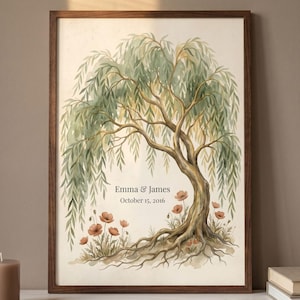 Puede incluir: Impresión en acuarela de un sauce llorón con hojas verdes y un tronco marrón. Las raíces son visibles, y hay pequeñas flores rojas en la base. El texto "Emma & James October 15, 2016" está impreso en la obra de arte. La impresión está enmarcada.