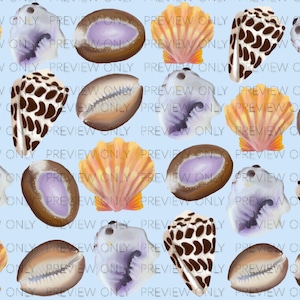 May include: A pattern of various seashells, including scallop shells, cowrie shells, and others, in shades of orange, brown, white, and purple, against a light blue background. The image has a watercolor effect.