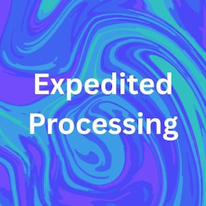 May include: An abstract design with swirling blue, teal, and purple colours. The words "Expedited Processing" are in white, centered on the image. The background has a marbled effect.