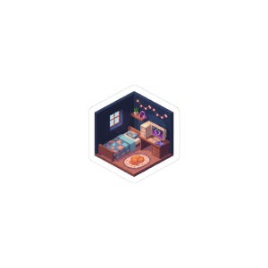 Peut inclure: Autocollant isométrique d'une chambre. La pièce comprend un lit avec une couette à motifs bleus et oranges, un bureau avec un ordinateur et un chat endormi sur un tapis. Une fenêtre et des guirlandes lumineuses sont également visibles.