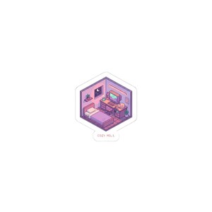 Peut inclure: Un autocollant avec une illustration isométrique d'une chambre et d'un espace de travail. La pièce est dans des tons violets et roses, avec un lit, un bureau, un ordinateur et un chat. Le texte "COZY MO. L" est en bas.