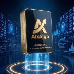 May include: A gold-framed, black rectangular device with the text "AlxAlgo" and an upward arrow logo. Below, it reads "AlxAlgo | V13 AI SCALPING | EA PERFORMANCE." The device is emitting blue light, with currency symbols and data visualizations in the background.