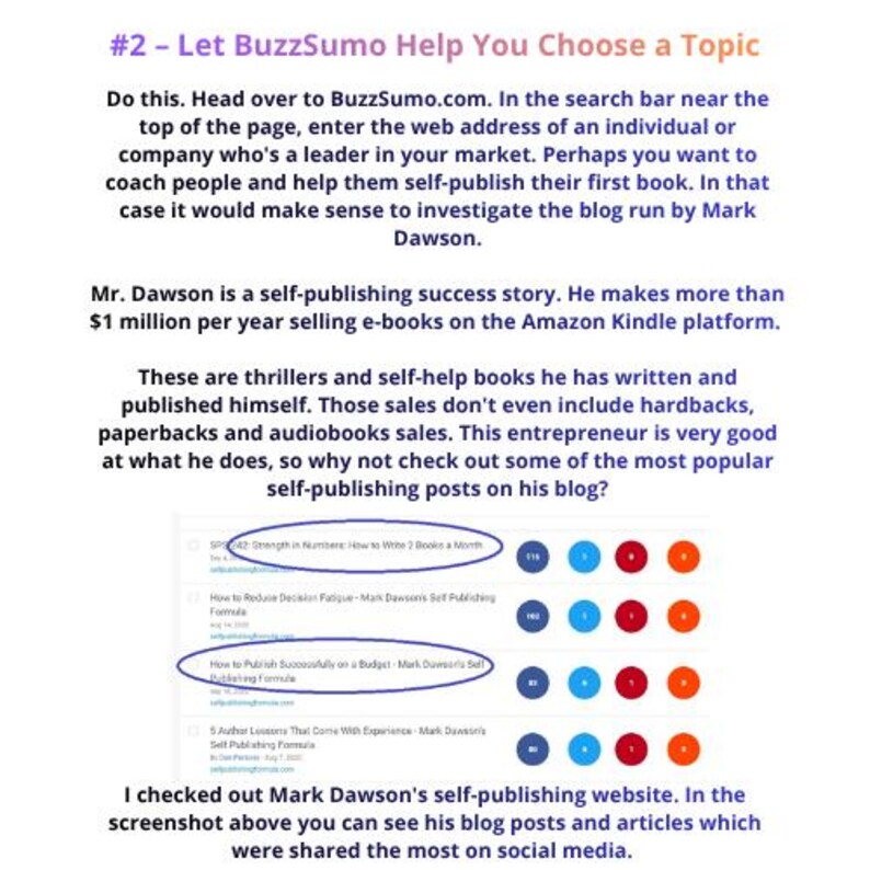 Pu&ograve; includere: Un'infografica educativa intitolata #2 - Let BuzzSumo Help You Choose a Topic, contenente istruzioni sulla ricerca di leader di mercato come Mark Dawson. Include uno screenshot di un elenco di post di blog con due titoli cerchiati e metriche.