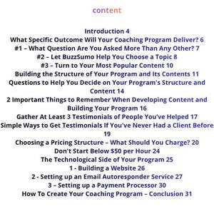 Pu&ograve; includere: Una pagina bianca con testo blu scuro intitolato content, che elenca un'introduzione e capitoli tra cui What Specific Outcome Will Your Coaching Program Deliver, Building the Structure of Your Program e How To Create Your Coaching Program.