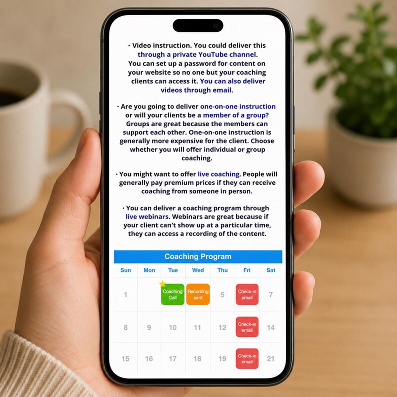 Pu&ograve; includere: Uno schermo di smartphone che mostra una guida al programma di coaching con testo su istruzioni video, sessioni individuali o di gruppo, coaching dal vivo e webinar. Sotto il testo &egrave; presente un calendario intitolato Coaching Program.