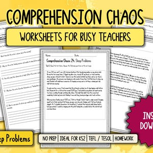 May include: A set of educational worksheets titled Comprehension Chaos: Sleep Problems. The pages feature printed text, reading comprehension questions, and blank lines for student responses. A pink starburst graphic reads Instant Download.