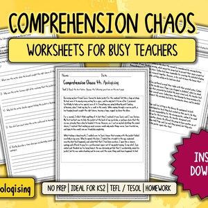 May include: A collection of educational worksheets titled Comprehension Chaos: Worksheets for Busy Teachers, featuring text-based reading passages and comprehension questions for students, with a yellow background and a pink instant download star.