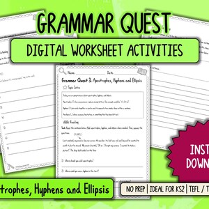 Puede incluir: Hojas de trabajo de gramática imprimibles "Grammar Quest" con el texto "Digital Worksheet Activities". Las hojas de trabajo cubren apóstrofos, guiones y elipsis. Un gráfico rojo dice "Descarga instantánea".