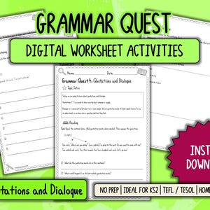 Può includere: Una raccolta di fogli di lavoro di grammatica stampabili intitolati "Grammar Quest" con il testo "Quotations and Dialogue". I fogli di lavoro sono bianchi con testo e illustrazioni neri, su sfondo verde. Le parole "Instant Download" sono in una stella rossa.