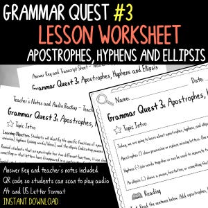 May include: A black and white lesson worksheet titled "Grammar Quest #3" focusing on apostrophes, hyphens, and ellipsis. The worksheet includes a topic intro, reading section, and answer key. Text on the worksheet includes "Instant Download".