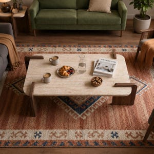 Travertine Coffee Table with Walnut Legs - Modern Stone Center Table, Luxury Living Room Table, Minimalist Rectangular Coffee Table