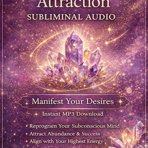 Puede incluir: Gráfico digital con el texto "Law of Attraction" y "Subliminal Audio". La imagen presenta un grupo de cristales morados y las palabras "Manifest Your Desires". El texto adicional incluye "Instant MP3 Download" y viñetas sobre la reprogramación de la mente, la atracción del éxito y la alineación de la energía.