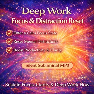 Puede incluir: Gráfico vibrante con el texto "Deep Work Focus & Distraction Reset". Enumera los beneficios: "Enter a Calm Focus State", "Reset Mental Distractions" y "Boost Productivity & Clarity". La imagen también promociona un "Silent Subliminal MP3".