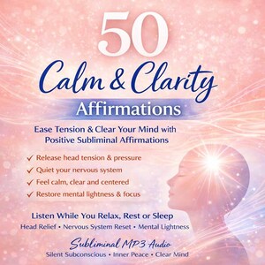 Puede incluir: Gráfico digital con el texto "50 Afirmaciones de Calma y Claridad". La imagen presenta la silueta de una mujer con un aura brillante, y enumera beneficios como el alivio de la tensión en la cabeza y la ligereza mental. Promociona audio MP3 subliminal.