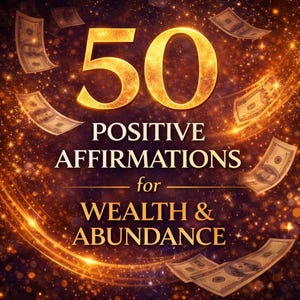 May include: A digital image with a dark, cosmic background and gold highlights. It displays the text "50 POSITIVE AFFIRMATIONS for WEALTH & ABUNDANCE." US dollar bills float around the text, with a shimmering, radiant effect.