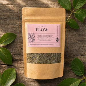 May include: A brown kraft paper pouch containing a botanical tea blend labeled FLOW by Present Body Co. The label features a pink background, a line drawing of leaves, and text describing the organic ingredients. A clear window shows the dried tea.