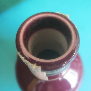 May include: Close-up of a maroon-colored bottle neck with a dark interior. The rim of the bottle has a lighter, reddish-brown hue. A partially visible label is affixed to the side of the bottle.