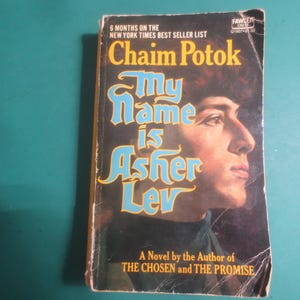 May include: A paperback book titled My Name is Asher Lev by Chaim Potok. The black cover features a profile illustration of a person in dark tones and light blue stylized text. The top reads 6 Months on the New York Times Best Seller List.