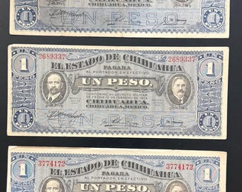 1915 Billetes de 1 Peso del Estado de Chihuahua El Estado de Chihuahua Lote de 3