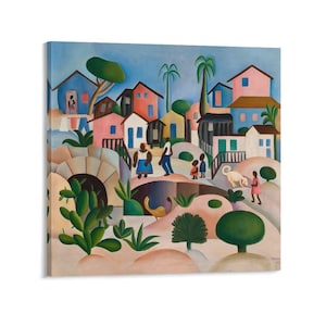 May include: A colorful painting of a village scene with houses in shades of pink, blue, and yellow. Figures of people and animals are depicted on a landscape with green trees and plants. The artwork is mounted on a canvas.