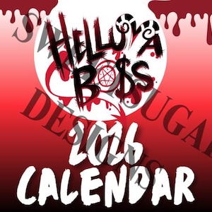 Puede incluir: Un calendario rojo y blanco de 2016 con las palabras "Hello Boss" en una fuente estilizada. El diseño incluye un círculo blanco con un pentagrama y un efecto de goteo de sangre, sobre un fondo rojo degradado.