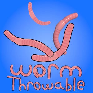 May include: Illustration of three pink worms on a blue background. The word "worm" is written in pink, stylized letters, followed by the word "throwable" in a similar font. The worms appear to be 3D rendered.