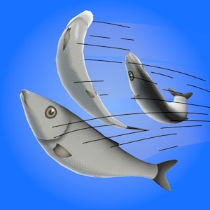 May include: An illustration of three stylized fish in shades of gray, with black lines suggesting motion against a blue background. The fish have detailed eyes and fins, giving a sense of movement.