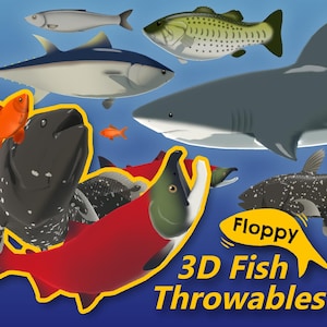Peut inclure: Une collection d'illustrations de poissons comprenant un grand requin gris, un thon, un bar et un saumon rouge vif, avec le texte Floppy 3D Fish Throwables affiché en jaune sur un fond bleu, incluant un poisson rouge stylisé.