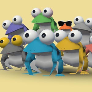 May include: A group of cartoon frogs with large, expressive eyes and various colors, including green, blue, yellow, and purple. One frog wears sunglasses. The frogs are on a light yellow background.