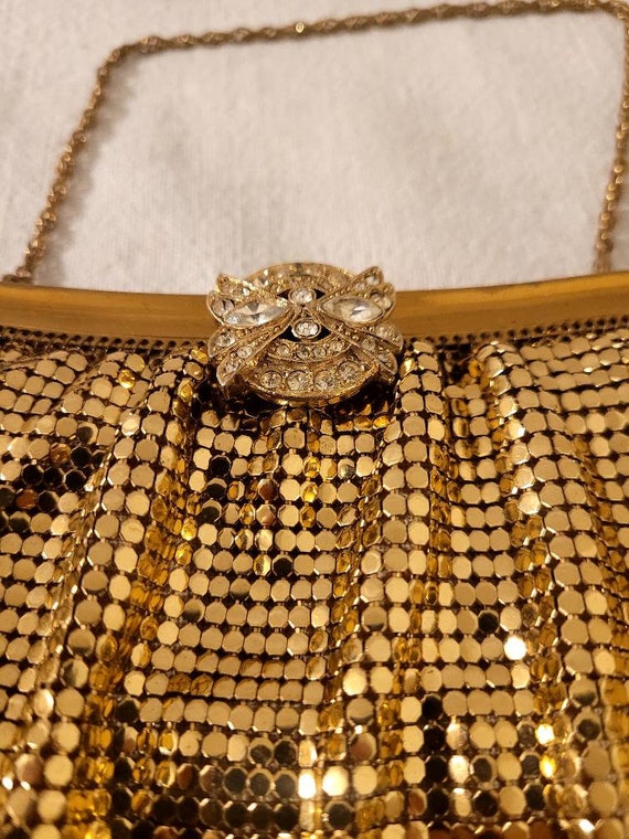 Vtg WHITING & DAVIS gold mess evening bag with rh… - image 2