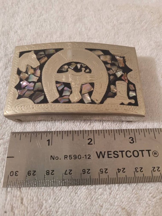 Handsome Vintage Alpaca Silver Abalone Shell Inlay Horse 