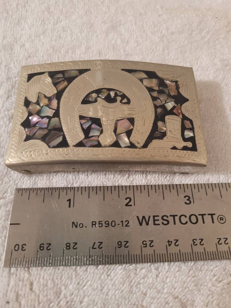 Handsome Vintage Alpaca Silver Abalone Shell Inlay Horse  display picture 1