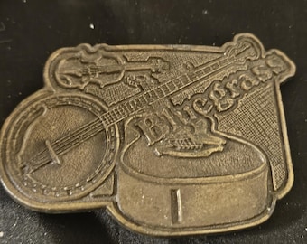 Vintage Belt Buckle BLUEGRASS Music Theme Instruments Guitar Banjo Fiddle