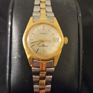 Vintage Timex Watch Women 24mm Silver Gold Tone Date Manual Wind 6.5&quot;