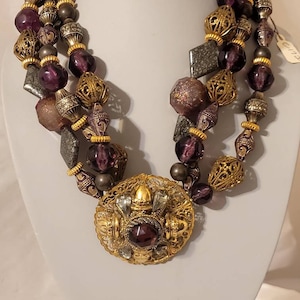 Designer statement MAYA Evangelista Vintage Chunky purple beaded rhinestone gold tone Multi Strand chocker necklace