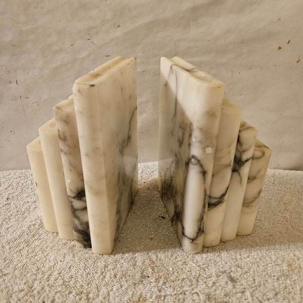 Vintage Marble Alabaster White and Black Bookends t4