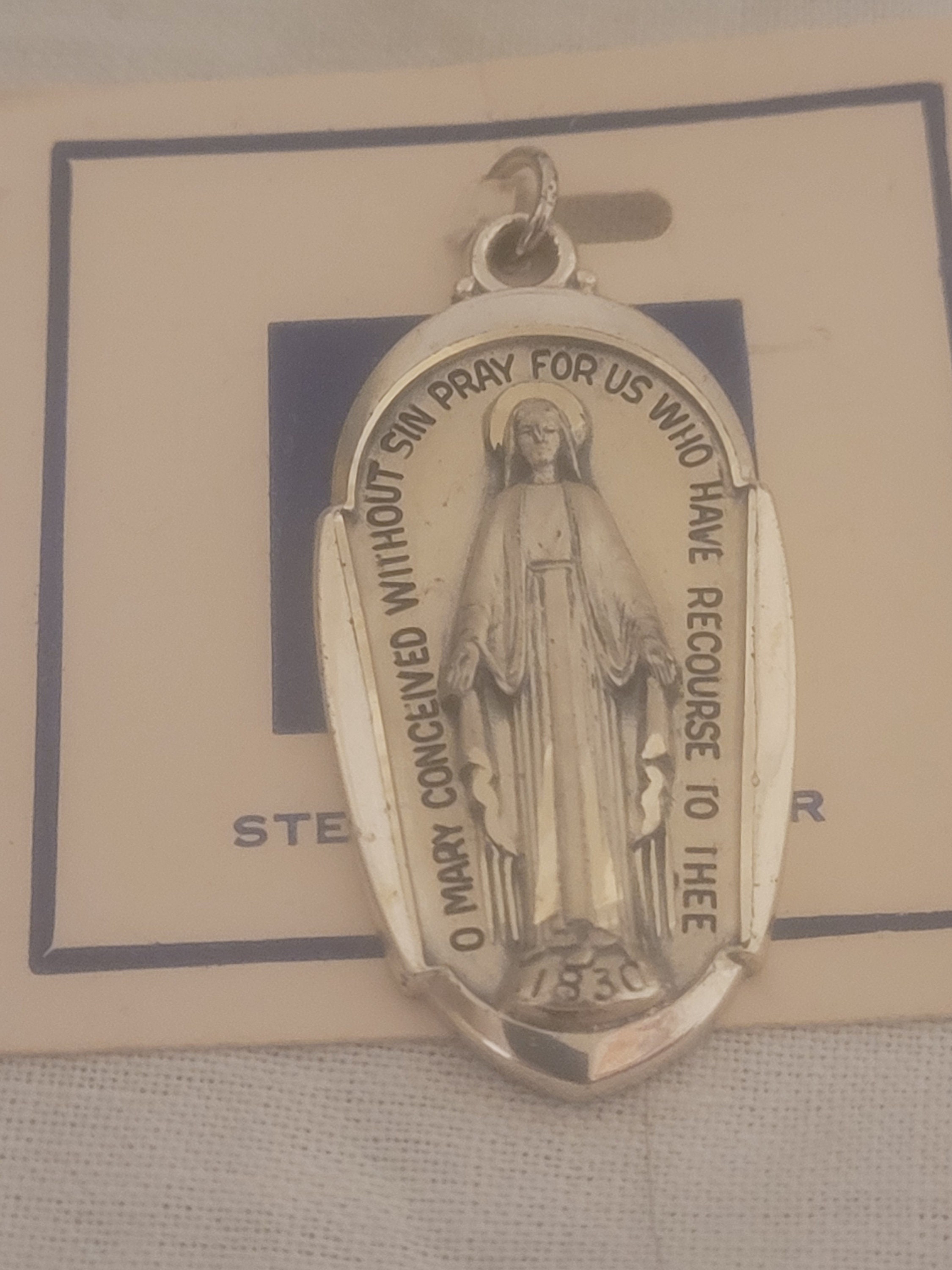 Silver Floral Wreath Latin Text Miraculous Medal of the 
