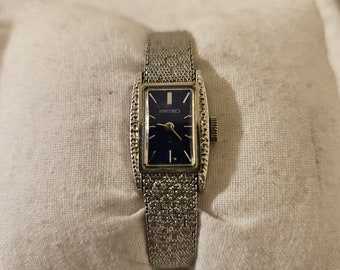 Seiko Ladies Textured Silver Tone Band Rectangle Blue Face  display picture 2