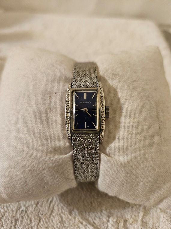 Seiko Ladies Textured Silver Tone Band Rectangle Blue Face