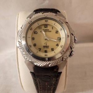 Timex Shenmue Watch Men Silver Tone Indiglo Alarm 2002  Leather Band