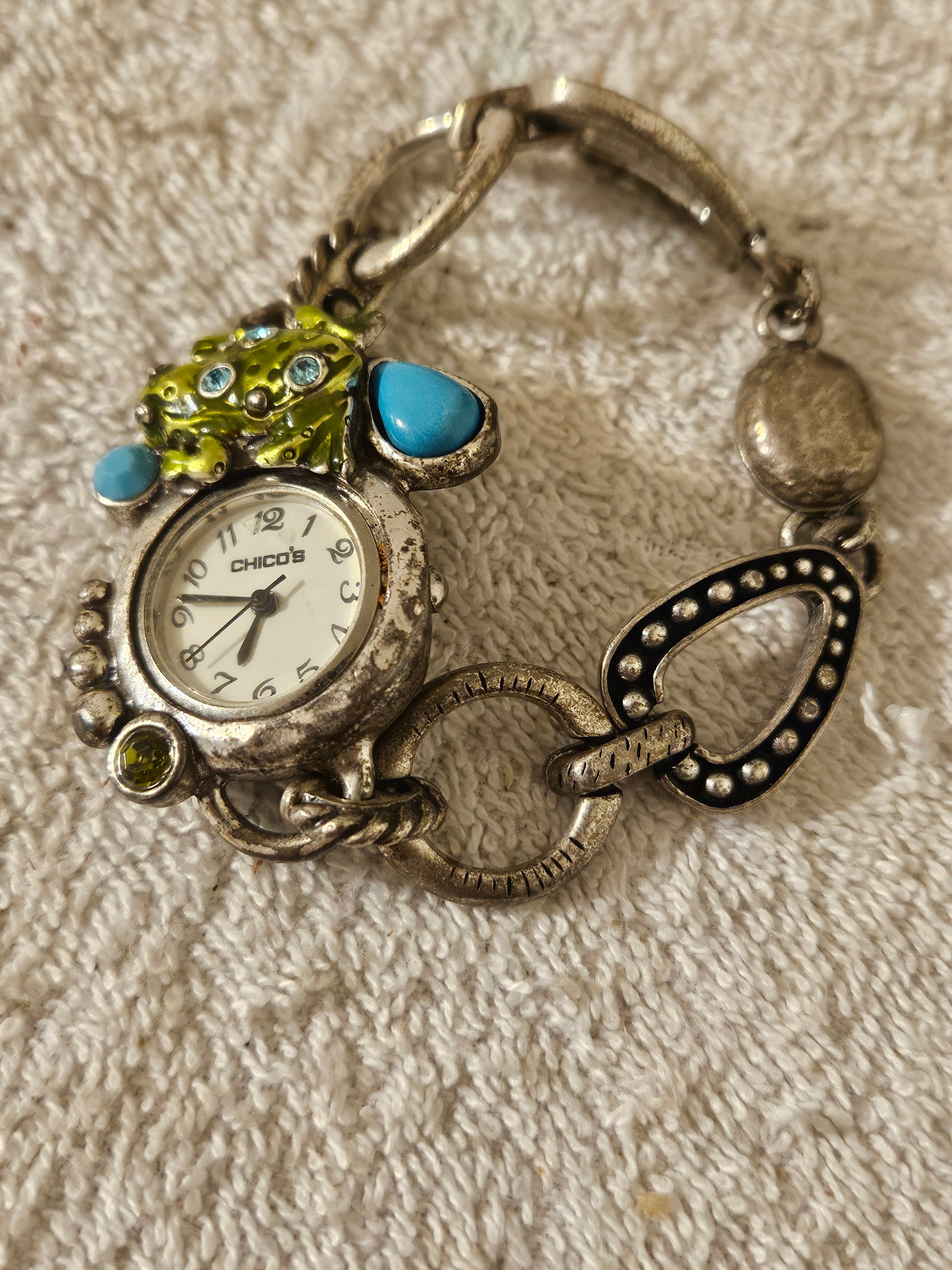 Vintage Chicos Woman Frog Charm Rhinestone Turquoise Watch  display picture 2
