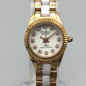 Armitron Ceramic Watch Women Rose Gold Tone White Dial Pave New Battery 6.75&quot;